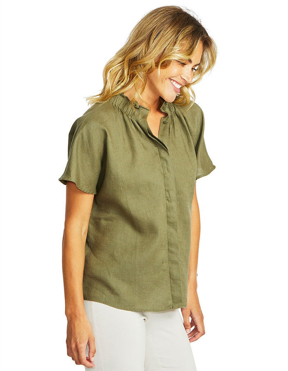 Nora Linen Ruffle Blouse - Khaki