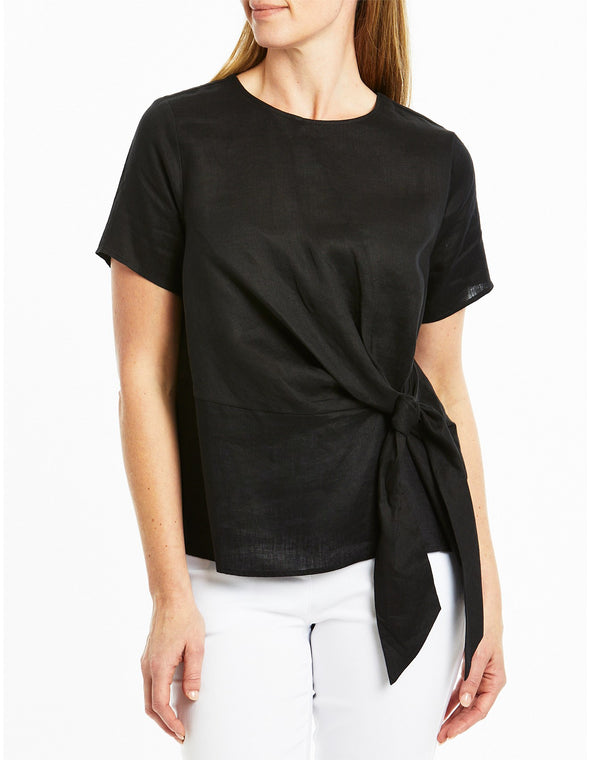 Knot Front Linen Top - Black