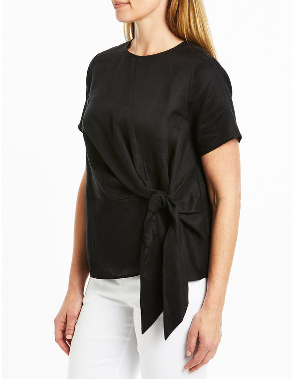 Knot Front Linen Top - Black