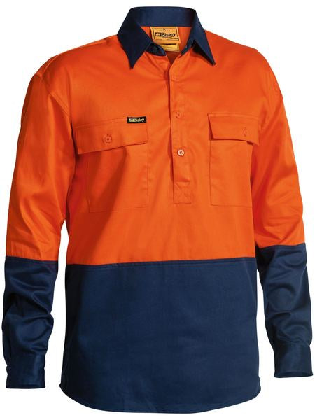 Bisley Hi Vis Closed Front LS Shirt - Orange/Navy