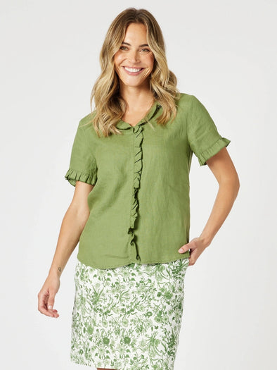 Tiffany Ruffle Linen Top - Basil