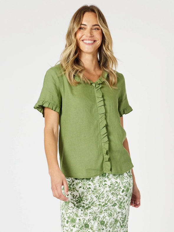 Tiffany Ruffle Linen Top - Basil