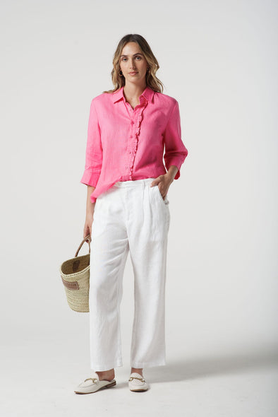 Island Linen 3/4 Sleeve Frill Shirt - Pink Cosmos