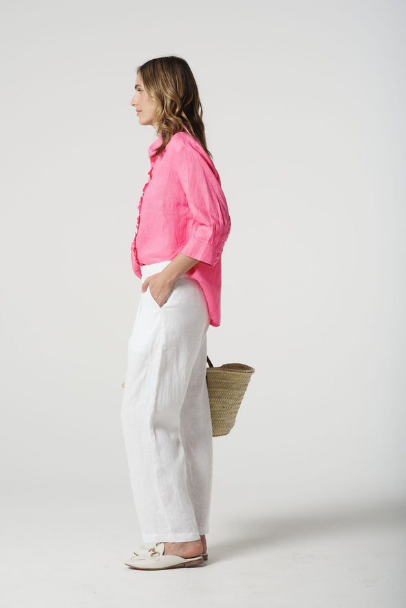 Island Linen 3/4 Sleeve Frill Shirt - Pink Cosmos
