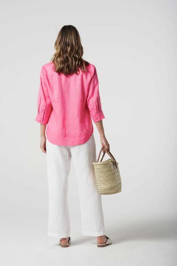 Island Linen 3/4 Sleeve Frill Shirt - Pink Cosmos