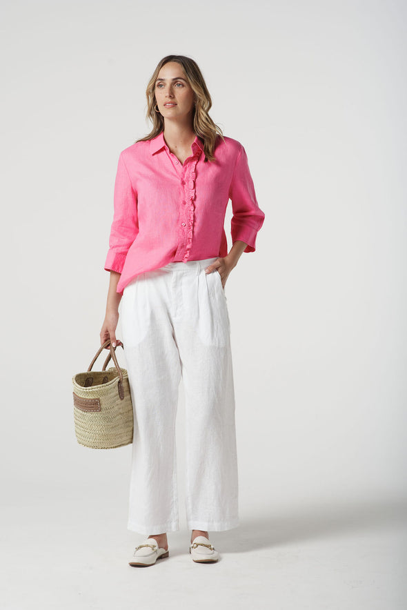 Island Linen 3/4 Sleeve Frill Shirt - Pink Cosmos