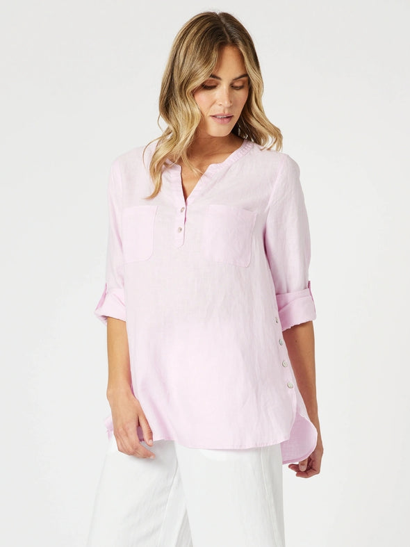 Ava Linen Button Top - Pink