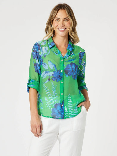 Garden Bloom Floral Sheer Shirt - Elm Blue