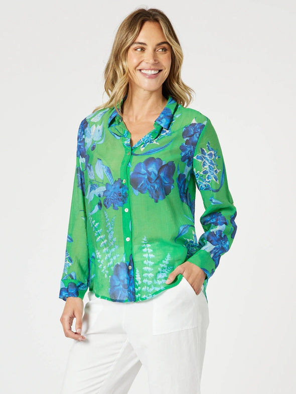 Garden Bloom Floral Sheer Shirt - Elm Blue