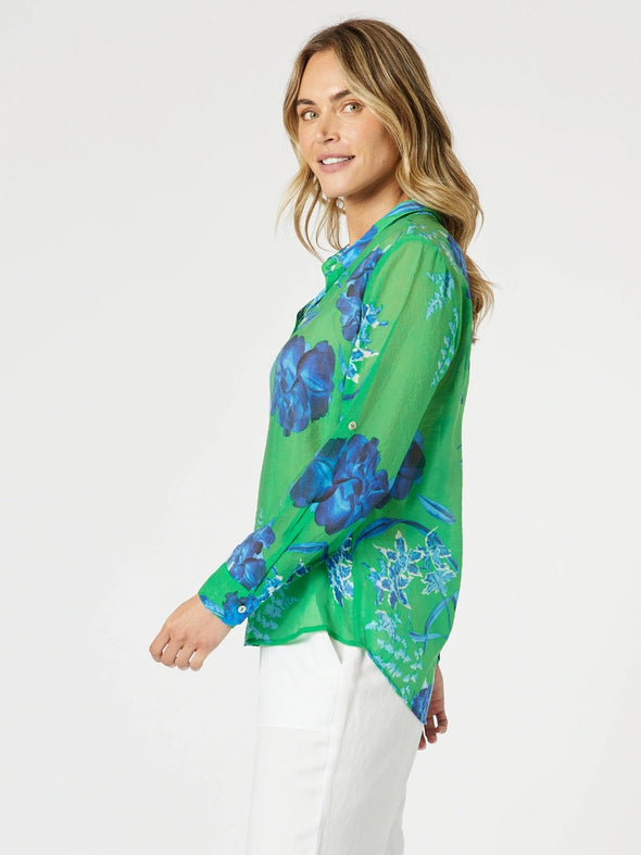 Garden Bloom Floral Sheer Shirt - Elm Blue