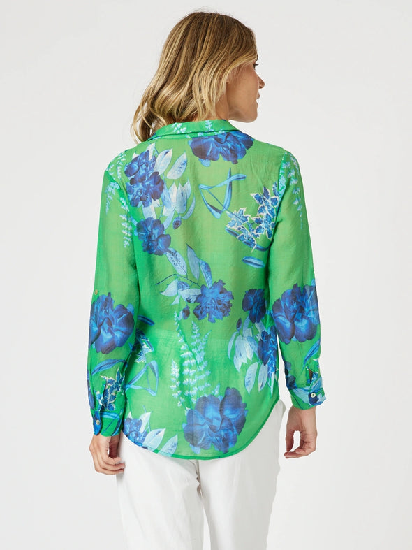 Garden Bloom Floral Sheer Shirt - Elm Blue