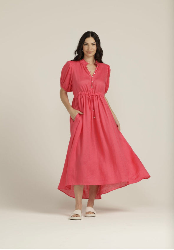 Goondiwindi Linen Puff Sleeve Drawchord Dress