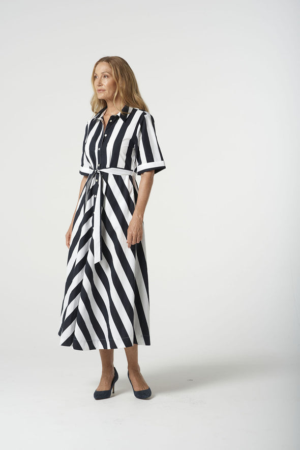 Bias Cut Thick Stripe Dress - Navy Stripe
