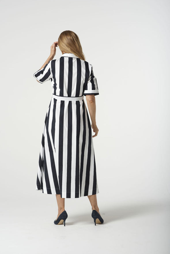 Bias Cut Thick Stripe Dress - Navy Stripe