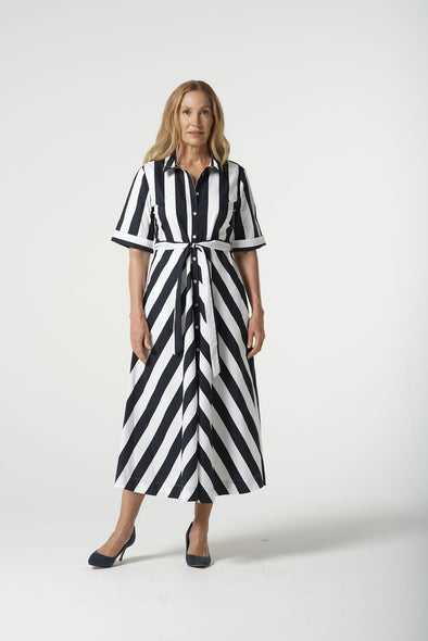 Bias Cut Thick Stripe Dress - Navy Stripe