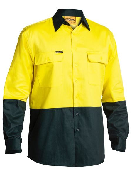 Bisley 2 Tone Hi Vis Drill Long Sleeve Shirt - Yellow/Bottle