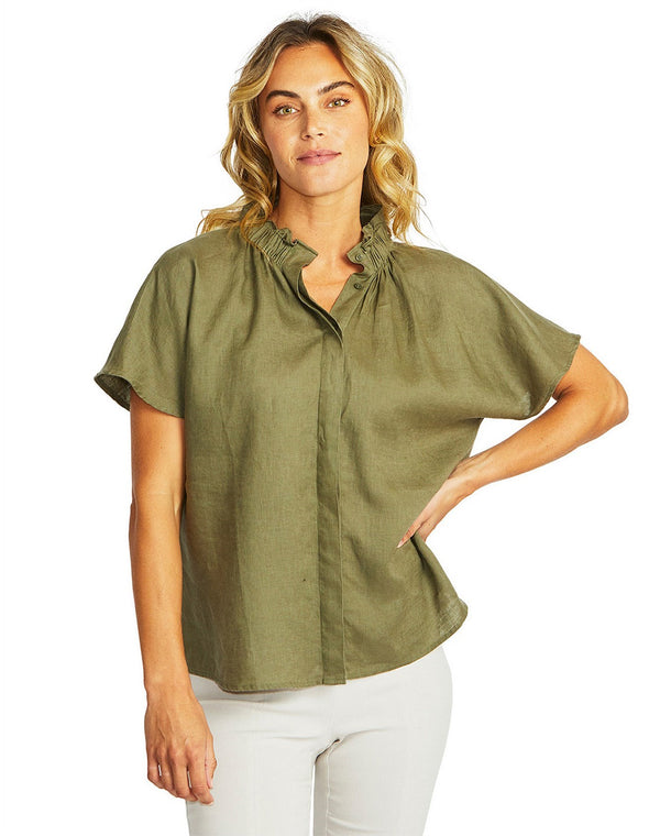 Nora Linen Ruffle Blouse - Khaki