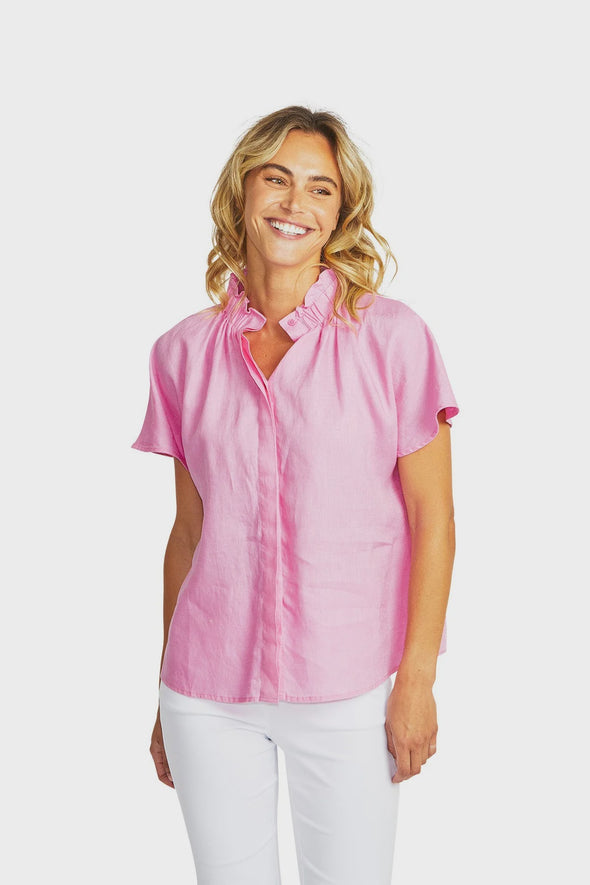 Nora Linen Ruffle Blouse - Bubblegum