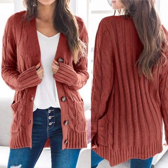 Twist Cable Chunky Knit Cardigan - Rust