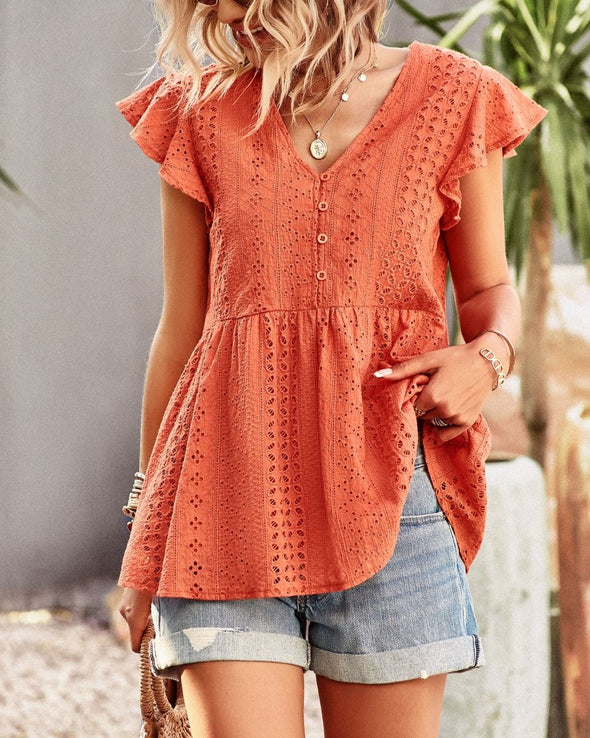 Bohemian Cotton Eyelet Lined Top - Rust