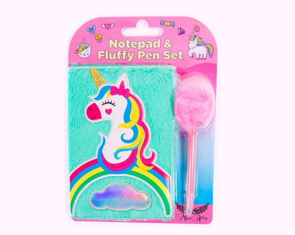 Note Pad And Fluffy Pen Set - Rainbow Unicorn