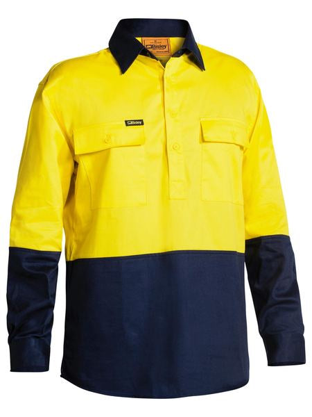 Bisley Hi Vis Closed Front Drill Shirt - Yellow / Navy