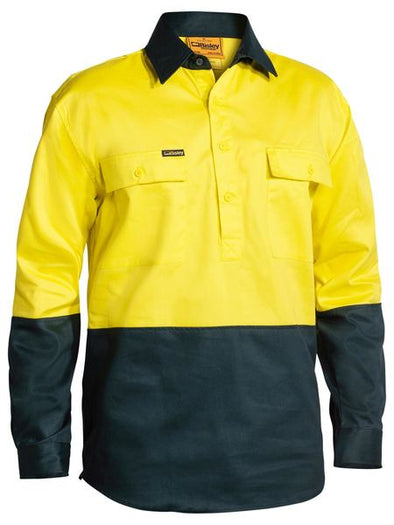 Bisley Hi Vis Closed Front Drill Shirt - Yellow / Bottle