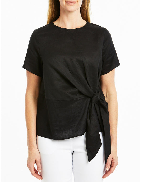 Knot Front Linen Top - Black