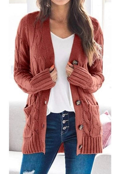 Twist Cable Chunky Knit Cardigan - Rust