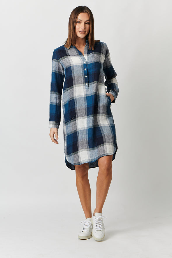 Naturals Lagoon Plaid Linen Shirt Dress