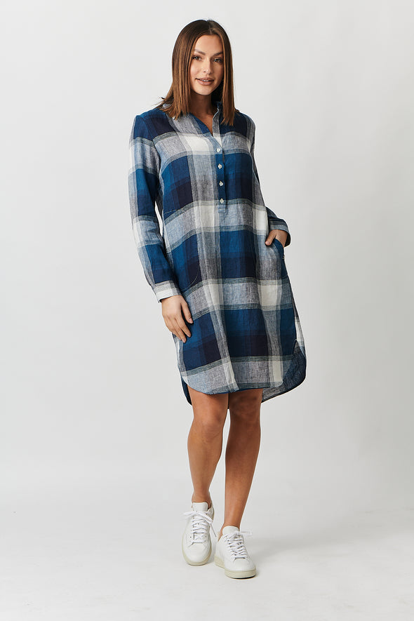 Naturals Lagoon Plaid Linen Shirt Dress