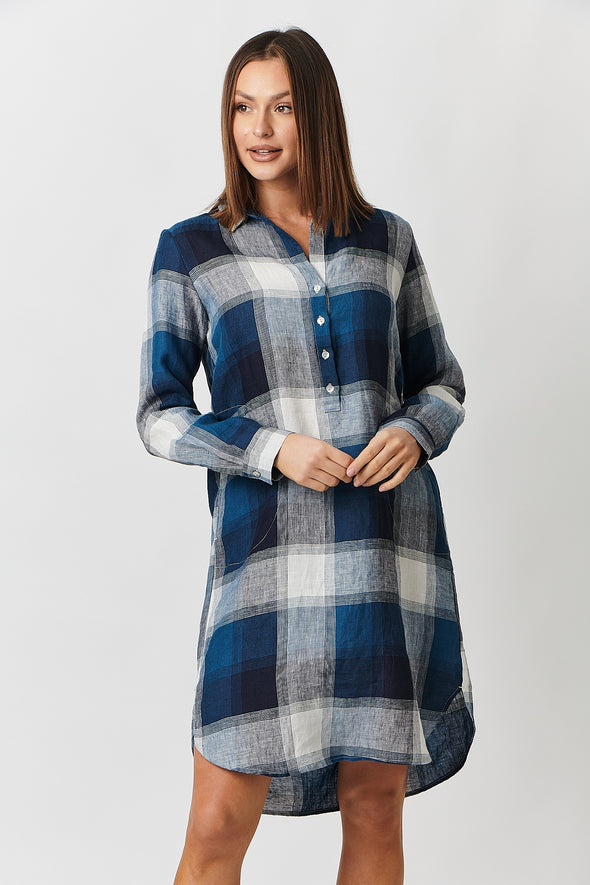 Naturals Lagoon Plaid Linen Shirt Dress