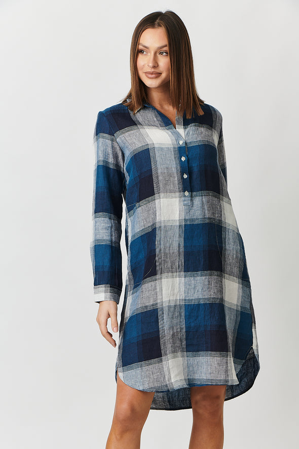 Naturals Lagoon Plaid Linen Shirt Dress