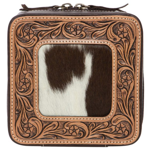 Brown and White Cowhide Jewellery Box with Tooling