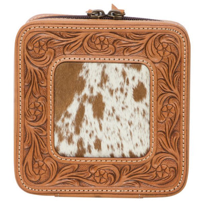 Tan and White Cowhide Jewellery Box with Tooling