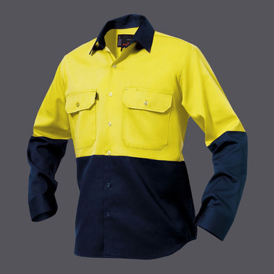 King Gee Hi Vis LS Drill Work Shirt - Yellow / Navy